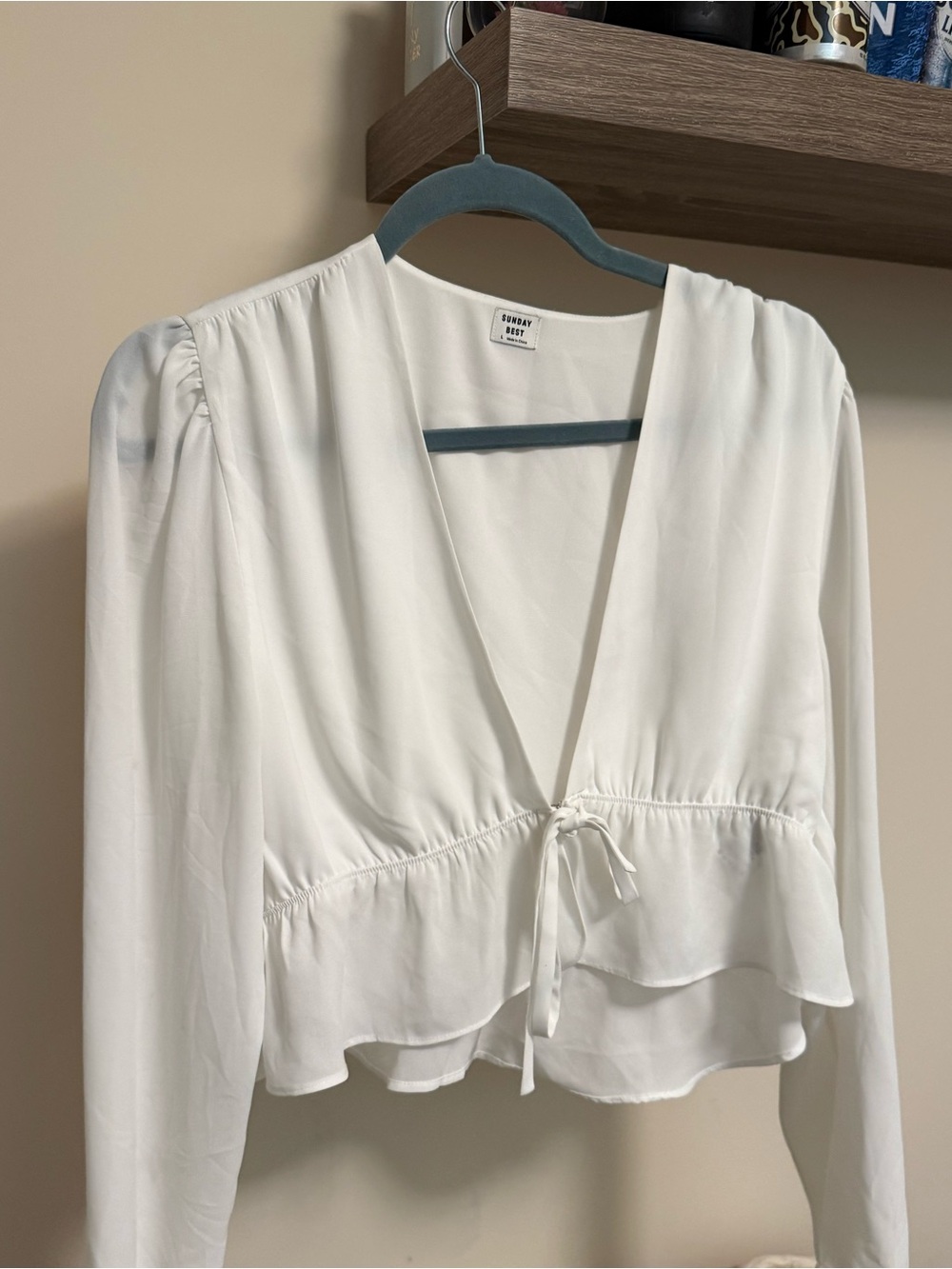 Sunday Best White Tie-Front Ruffle Hem Long Sleeve Top